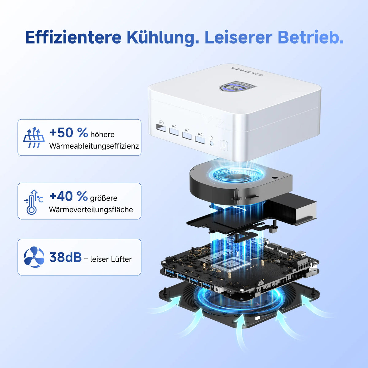 VZMORE AX7 Max AI Mini PC - Effizientere Kuhlung. Leiserer Betrieb.