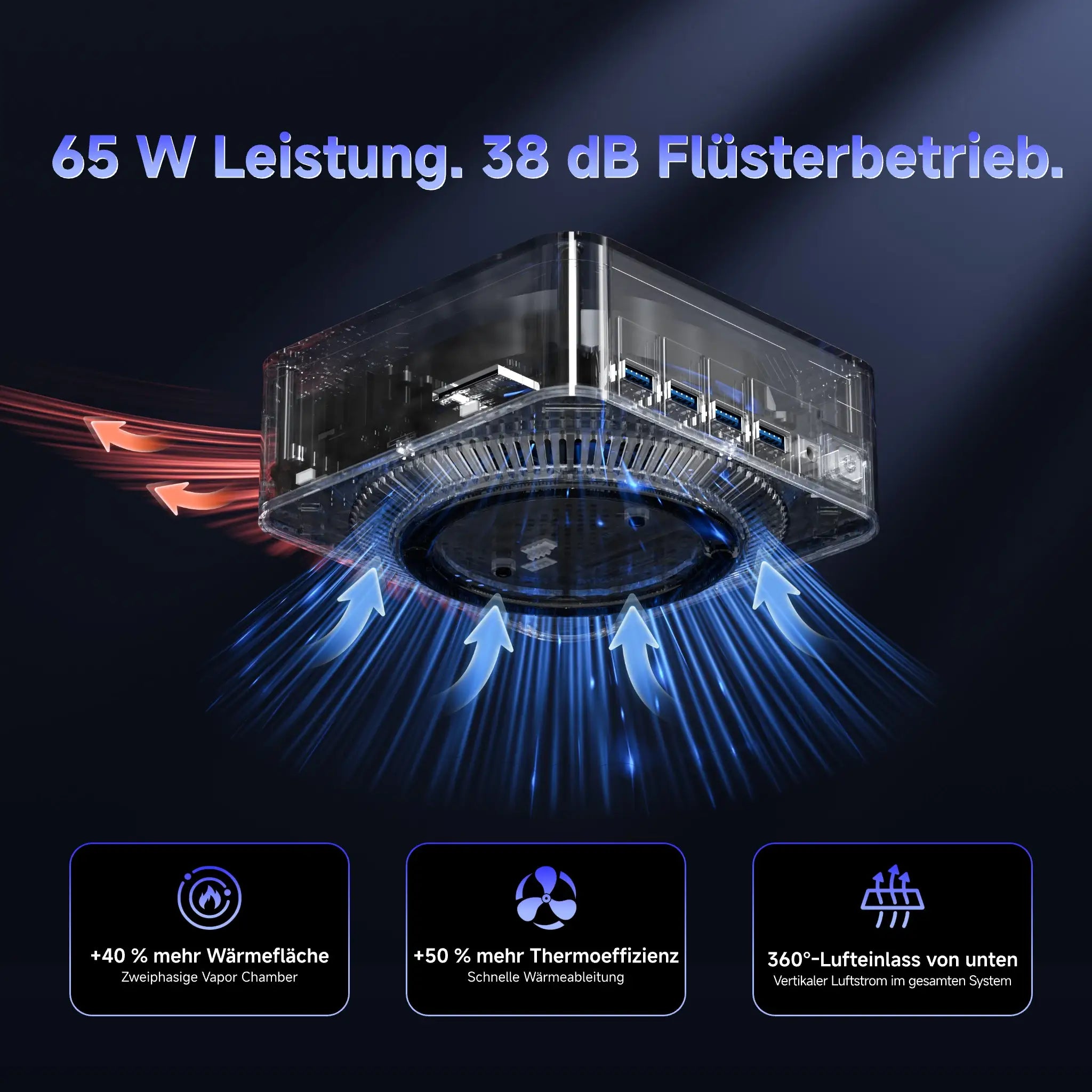 VZMORE AX9 Max Mini-PC hat eine Leistung von 65 W und einen Flüstermodus mit 38 dB.