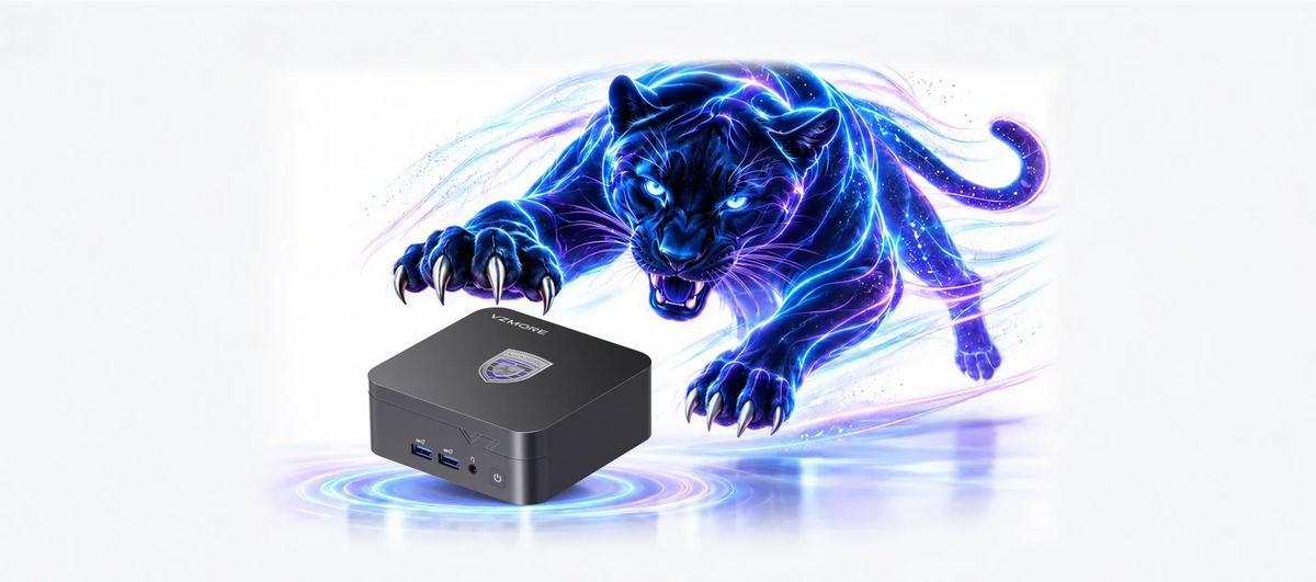 VZMORE iX7 mini PC with electric panther visual