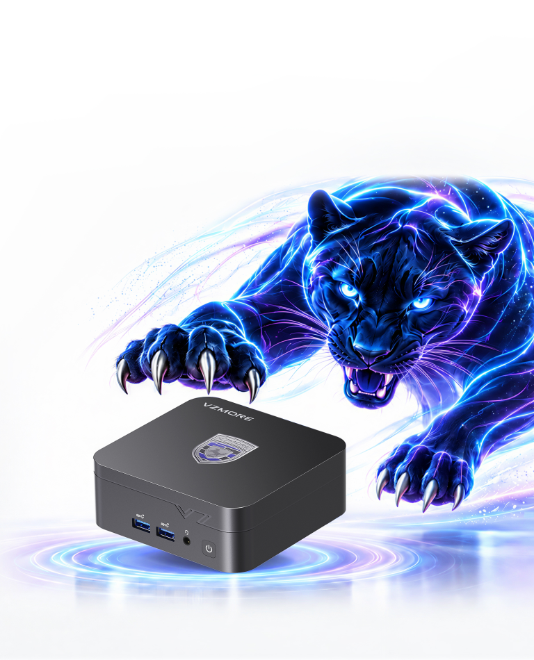 VZMORE iX7 mini PC with electric panther visual
